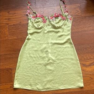 Green Floral Embroidered Slip Dress